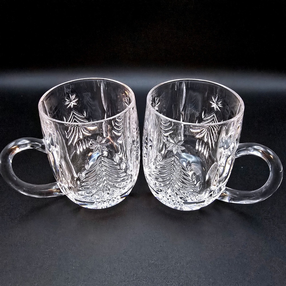 Mikasa Holiday Christmas Tree Lead Crystal Glass Mugs Set of 2 Heavy Starburst